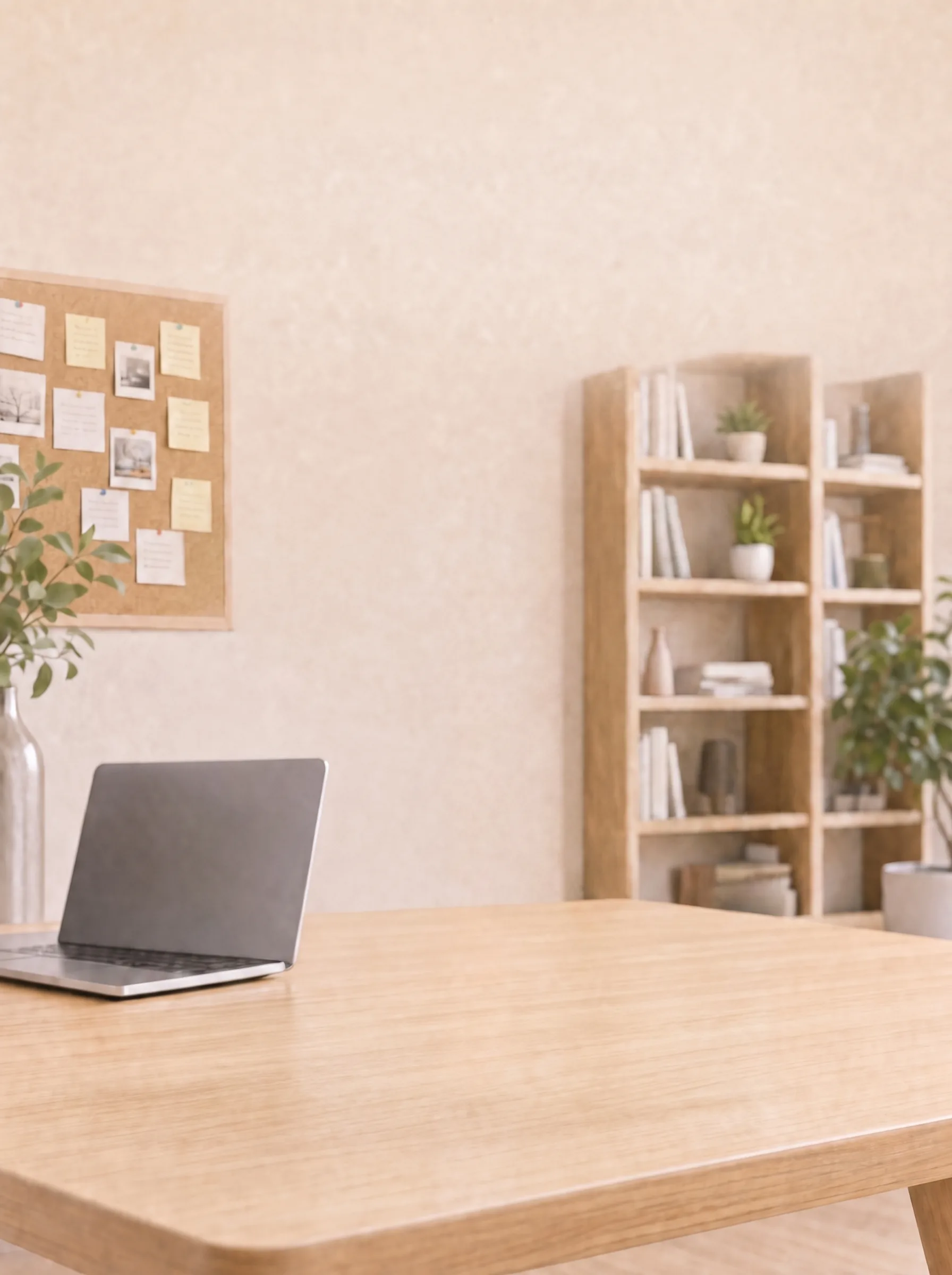 An empty desk in a bright room, a laptop closed at one end, a cork board of pinned notes and photographs on the wall behind it.