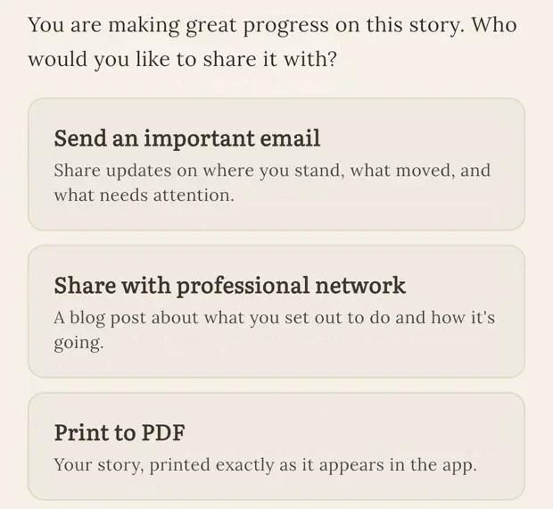 The share sheet asking who you'd like to share the story with, offering an important email, a blog post for your professional network, or a PDF printed exactly as the story appears in the app.