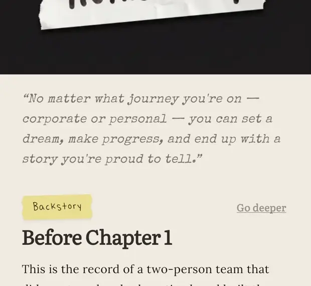 A finished story page with its masthead and backstory, ready to share.